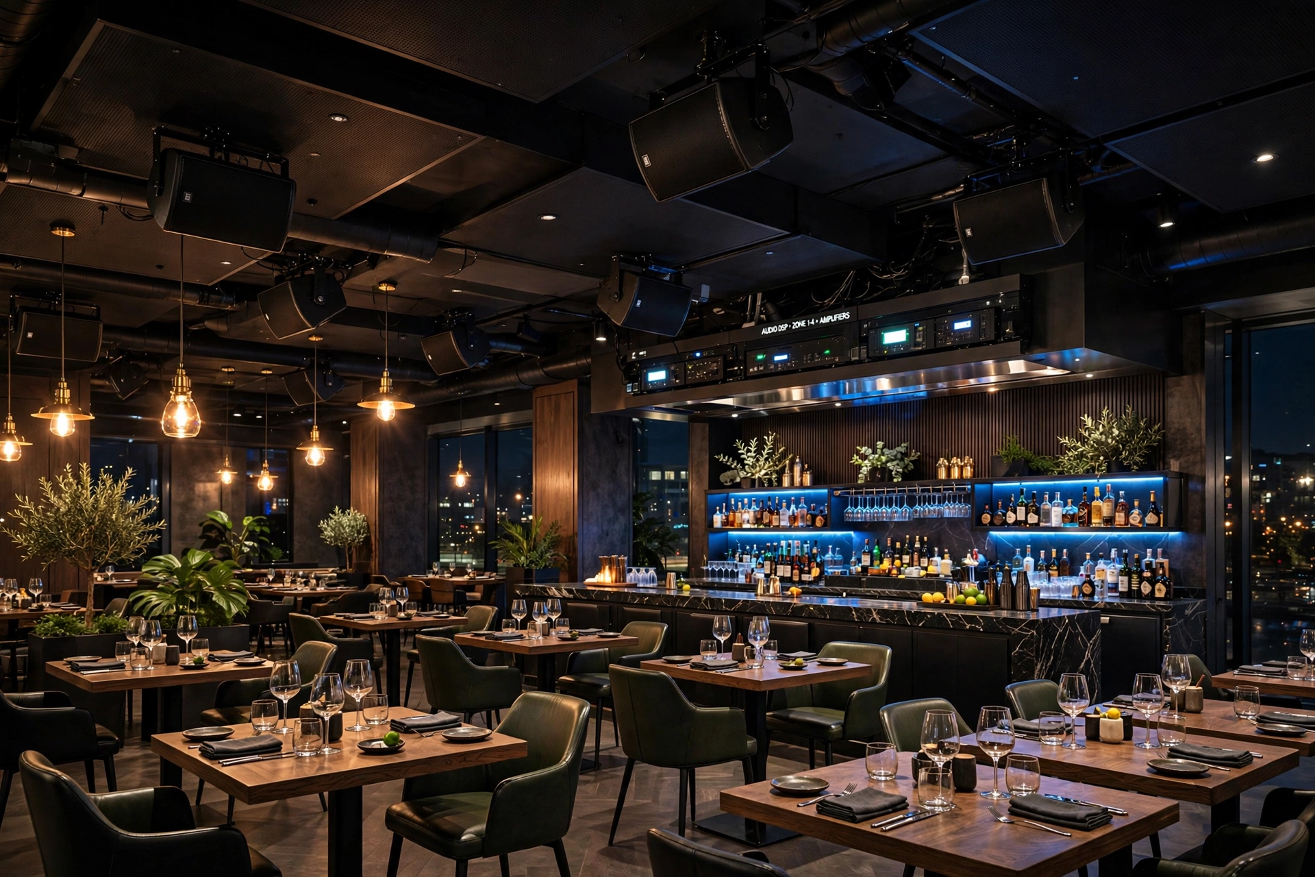 Edmonton restaurant with professional ceiling speakers - commercial AV Alberta