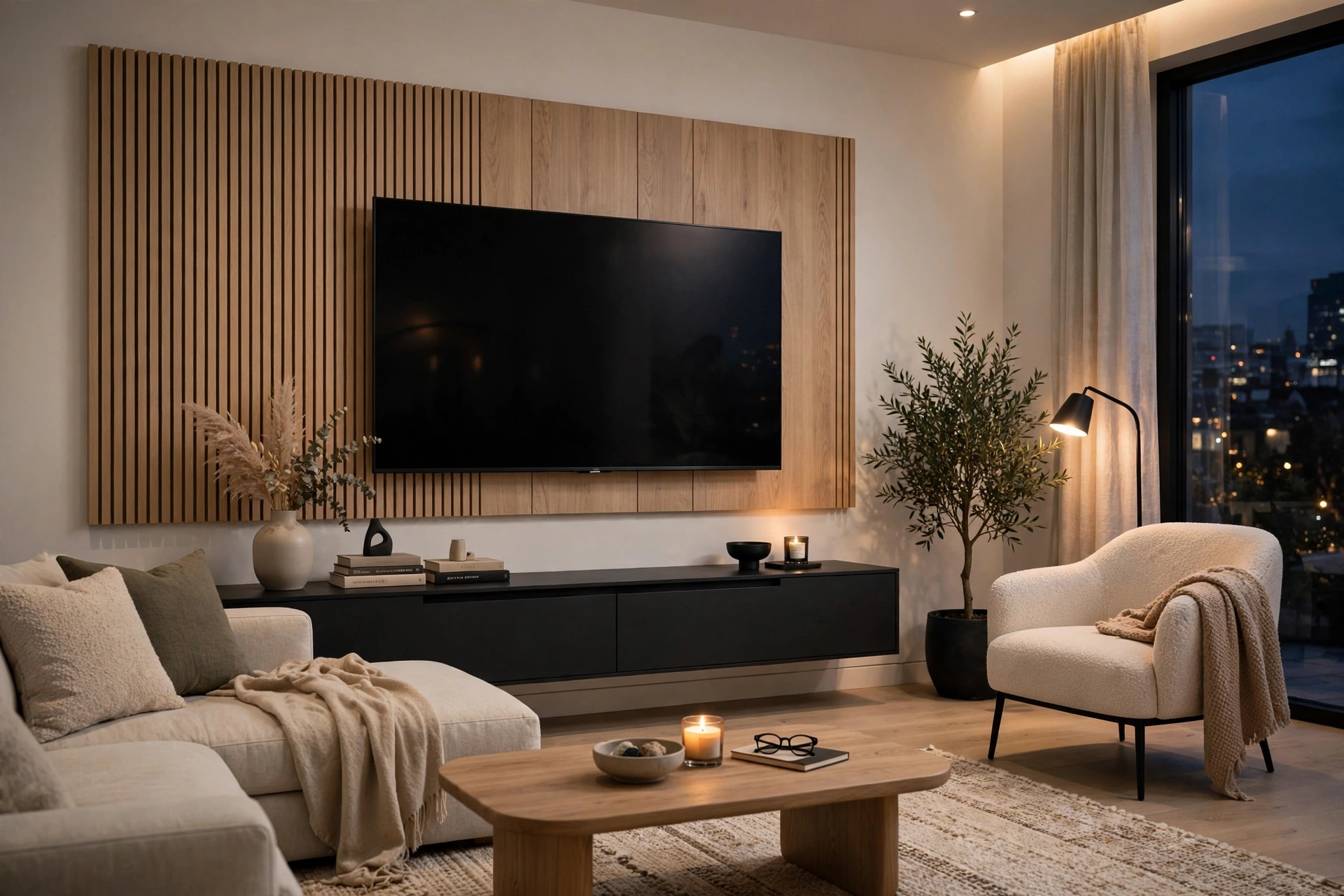 St. Albert living room with wall-mounted TV - home theatre Alberta